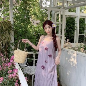 Women's Summer Sleeveless H-Line Midi Dress with 3D Floral Pleated Design