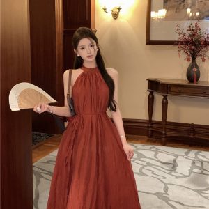 Women's Summer Halter Neck Dress French Sleeveless High Waist Tie Long Flowy Dress