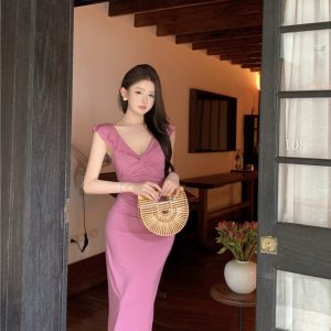Retro Big V-Neck Ruffle Dress Women Sweet Slimming High Waist Long Summer Dress