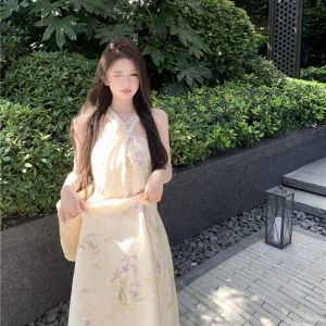 French Vacation Floral Halter Dress with Flutter Sleeves