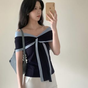 Navy Sailor Collar Sleeveless Knit Top for Women Summer Slim French Style White Blouse