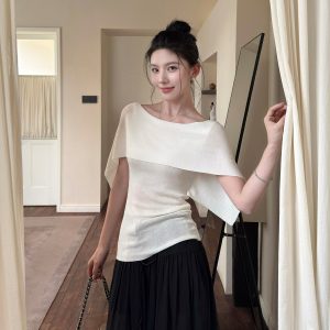 Old Money Off-Shoulder Cape Short-Sleeve Knit Top for Women Summer Slimming Draped T-Shirt
