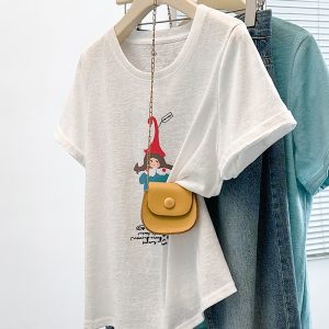 2026 Summer Plus Size Women Short Sleeve Cartoon Print Loose Slimming T-Shirt