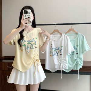 2026 Summer Plus Size Women's Korean Hollow Print Letter Drawstring Short Sleeve T-Shirt