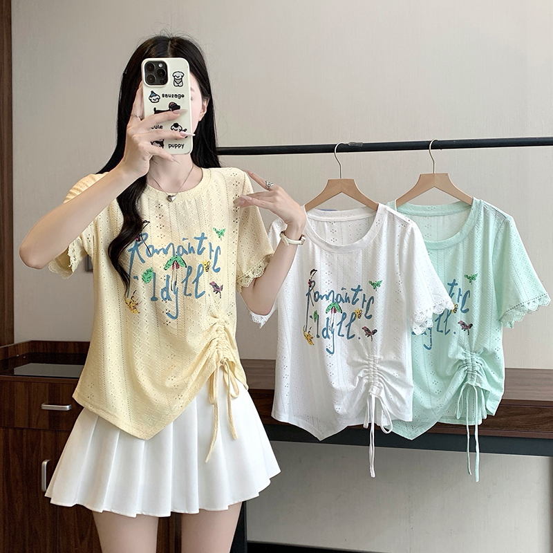2026 Summer Plus Size Women's Korean Hollow Print Letter Drawstring Short Sleeve T-Shirt