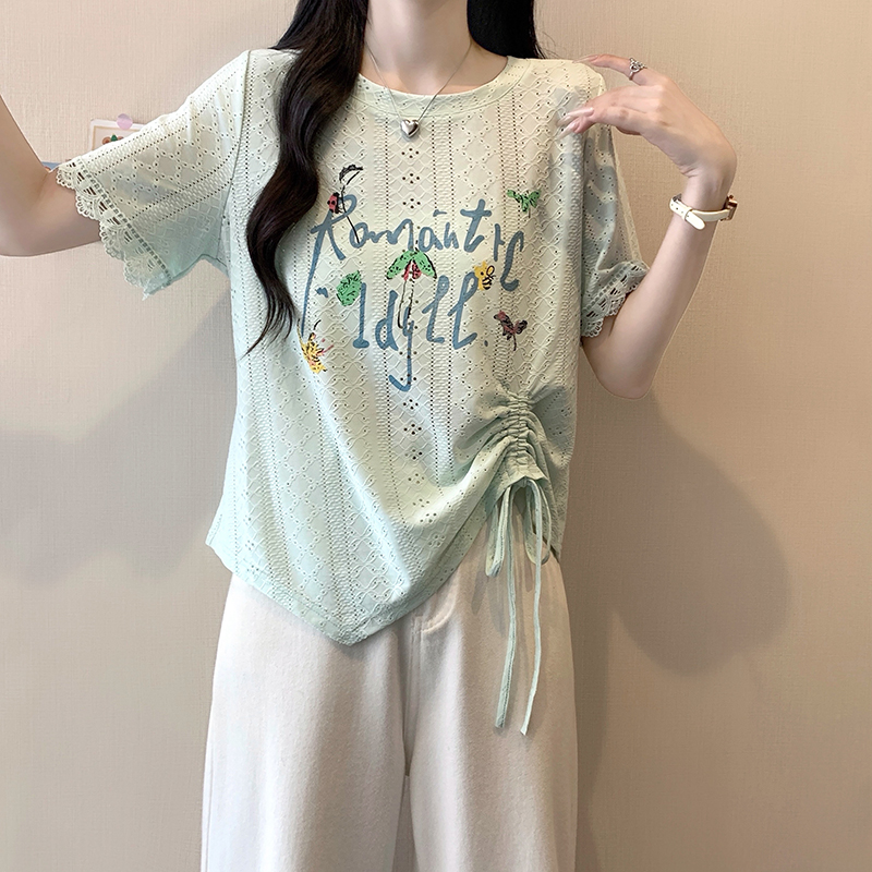 2026 Summer Plus Size Women's Korean Hollow Print Letter Drawstring Short Sleeve T-Shirt - Image 5