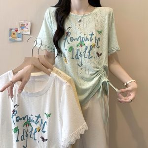 2026 Summer Plus Size Women's Korean Style Hollow Out Print Letter Drawstring Short Sleeve T-Shirt