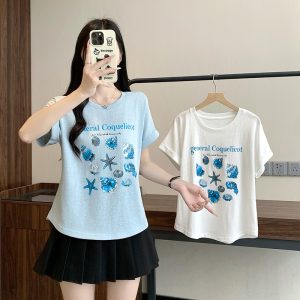 2026 Summer Plus Size Women's Round Neck Cartoon Print Flutter Sleeve Short Sleeve T-Shirt