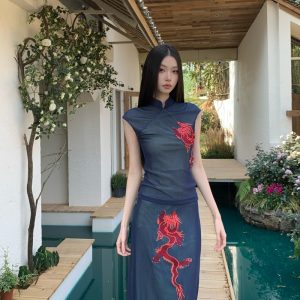 Classical Style Navy Red Dragon Qipao Collar Cap Sleeve Top and Knee Length Skirt Two Piece Set