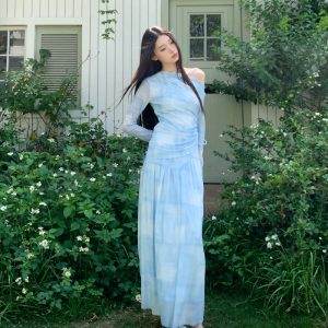 Dreamy Ripple Blue Gradient Print Draped Neck Long Sleeve T-Shirt and Skirt Set
