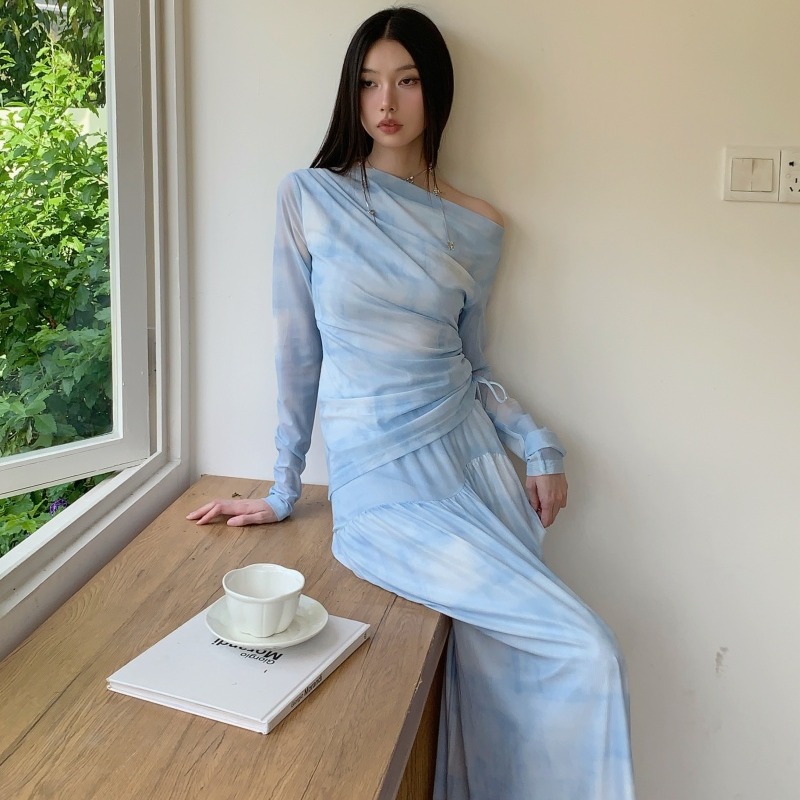 Dreamy Ripple Blue Gradient Print Draped Neck Long Sleeve T-Shirt and Skirt Set - Image 5