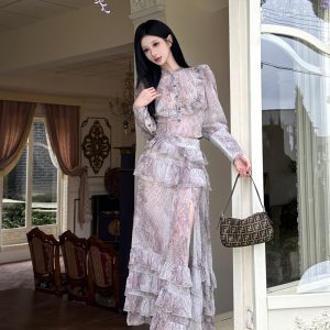 Elegant Leopard Print Chiffon Shirt and Split Skirt Two-Piece Set for Women