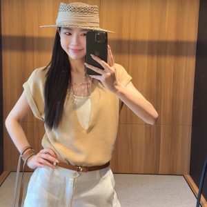 French Polo Collar Faux Two Piece Knit Short Sleeve T Shirt for Women Summer