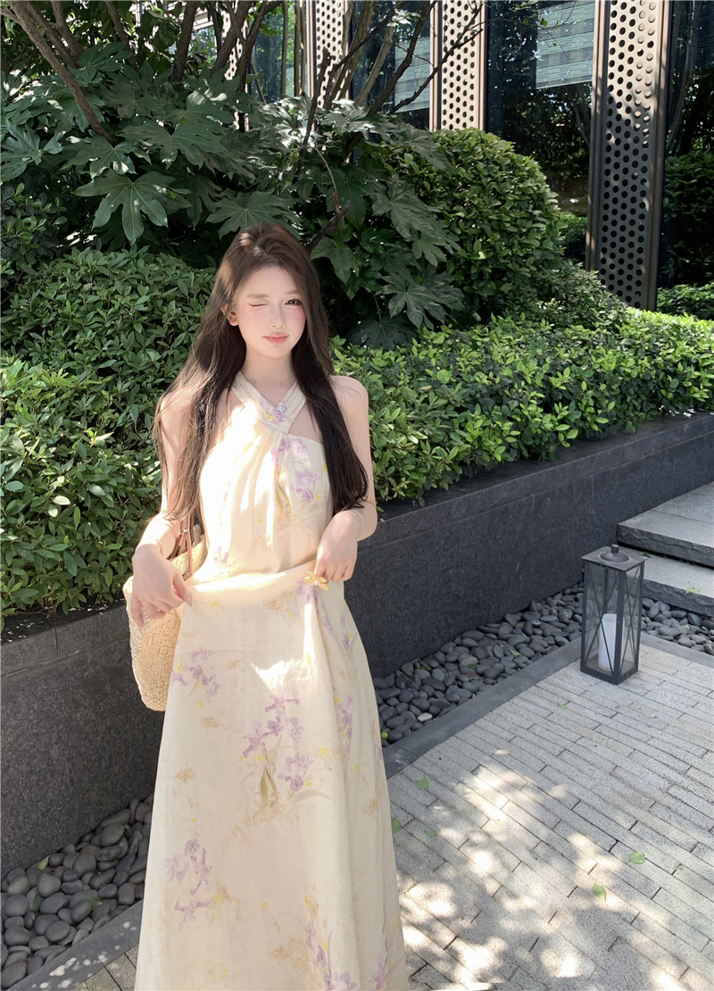 French Vacation Floral Halter Dress with Flutter Sleeves