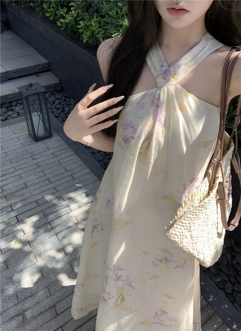 French Vacation Floral Halter Dress with Flutter Sleeves - Image 3