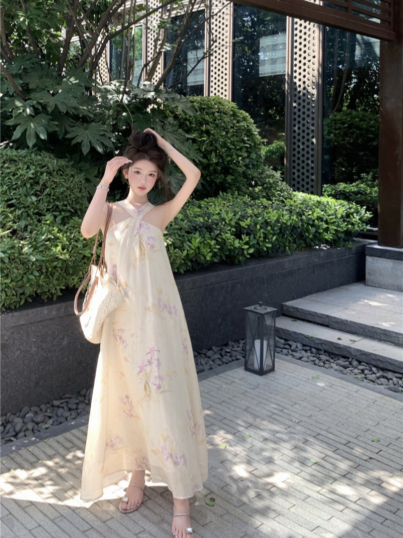 French Vacation Floral Halter Dress with Flutter Sleeves - Image 4