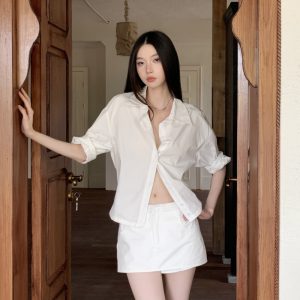 Old Money Elite Style White Cinched Waist Relaxed Commute Mid Sleeve Shirt and Skirt Set