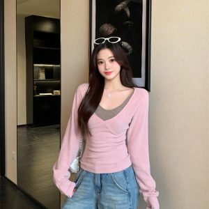 Plus Size Korean Style Color Block Cami and Top Two Piece Set Slim Fit Autumn Fashion