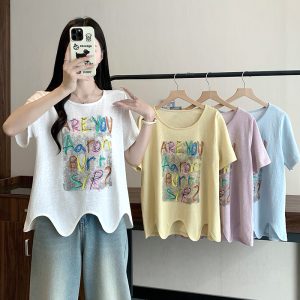 Plus Size Letter Print Short Sleeve T-Shirt Summer 2026 Korean Dopamine Style