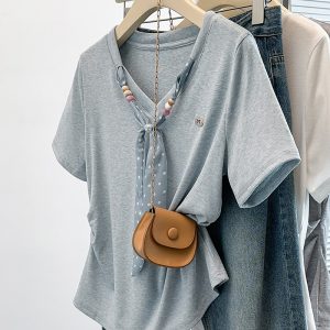 Plus Size Polka Dot Lace-Up Curved Short Sleeve T-Shirt Summer 2026 - Style 08b5cd
