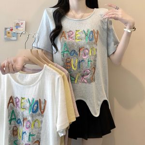 Plus Size Women's Letter Print Short Sleeve T-Shirt Summer 2026 Korean Dopamine Style