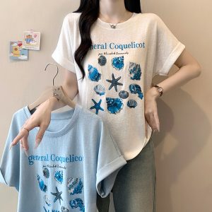 Plus Size Women's Summer 2026 Cartoon Print Ruffle Sleeve Round Neck T-Shirt - Style 0761a3