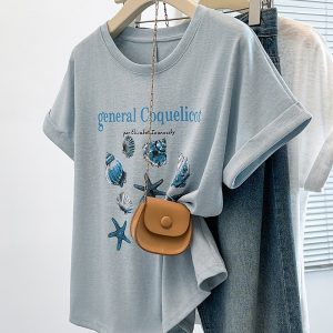Plus Size Women's Summer 2026 Cartoon Print Ruffle Sleeve Round Neck T-Shirt - Style cd04fb