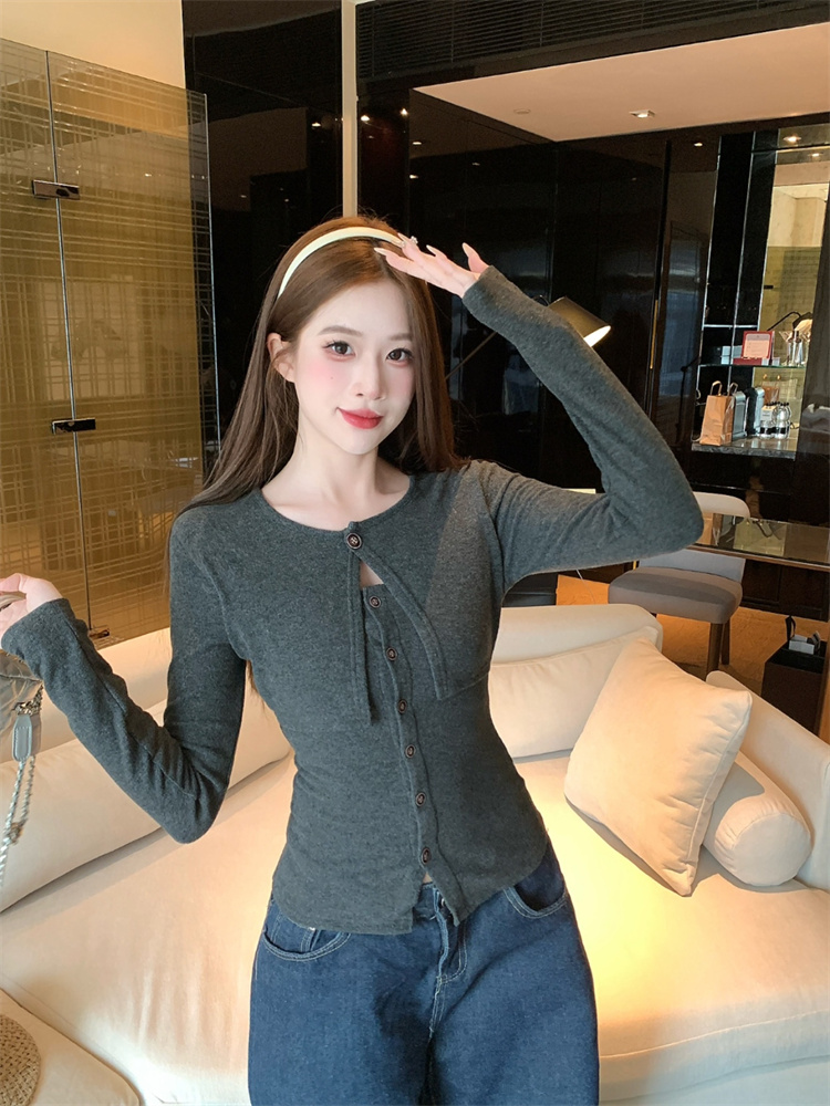 Pure Desire Style Shawl Fake Two-Piece Long Sleeve Slimming Top for Women