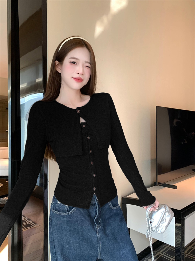 Pure Desire Style Shawl Fake Two-Piece Long Sleeve Slimming Top for Women - Image 2