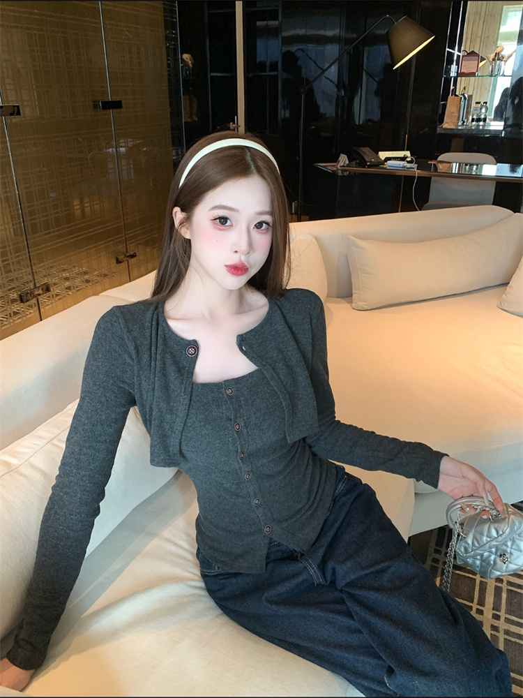 Pure Desire Style Shawl Fake Two-Piece Long Sleeve Slimming Top for Women - Image 3