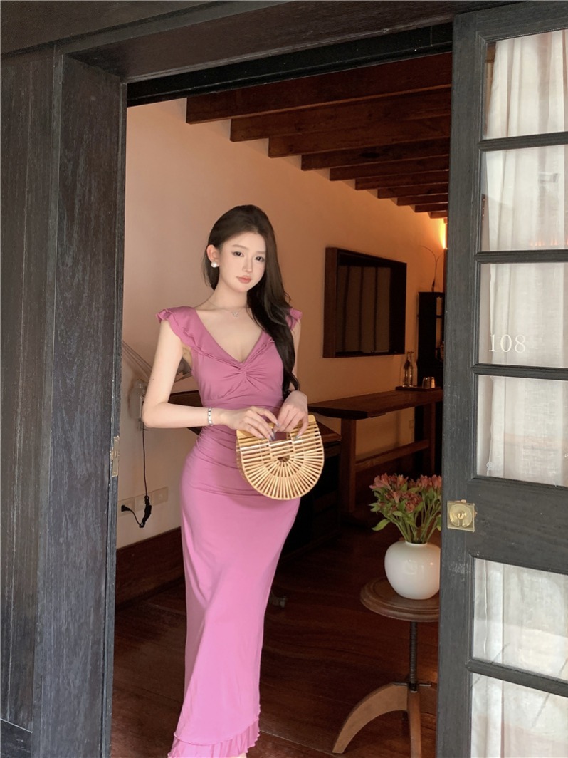 Retro Big V-Neck Ruffle Dress Women Sweet Slimming High Waist Long Summer Dress