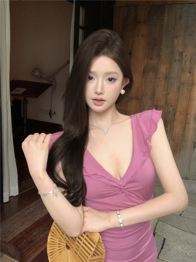 Retro Big V-Neck Ruffle Dress Women Sweet Slimming High Waist Long Summer Dress - Image 3