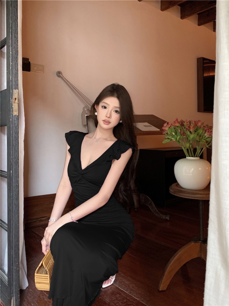 Retro Big V-Neck Ruffle Dress Women Sweet Slimming High Waist Long Summer Dress - Image 4