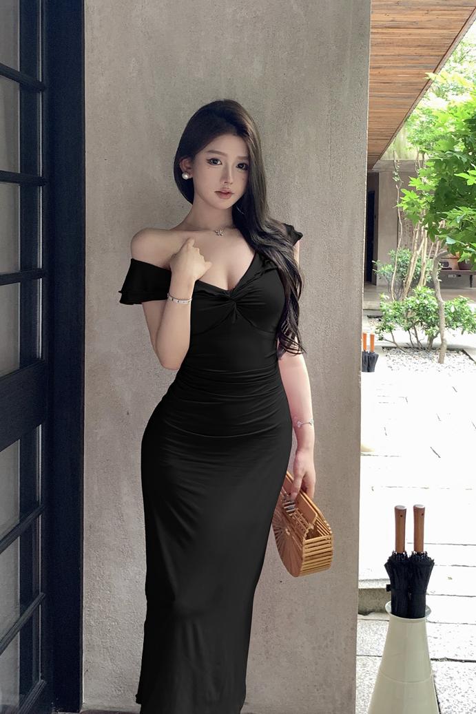 Retro Big V-Neck Ruffle Dress Women Sweet Slimming High Waist Long Summer Dress - Image 5