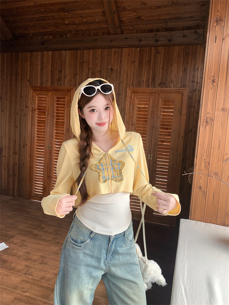 Sweet Cool Star Embroidered Hooded Jacket and Cami Two-Piece Set for Women Autumn
