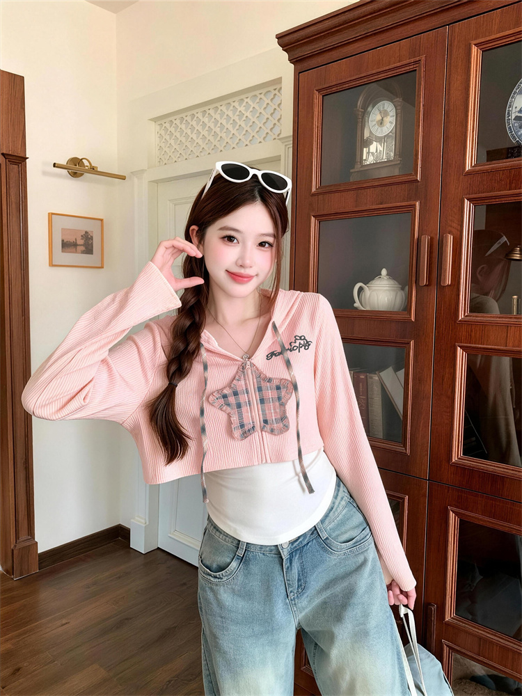 Sweet Cool Star Embroidered Hooded Jacket and Cami Two-Piece Set for Women Autumn - Image 2