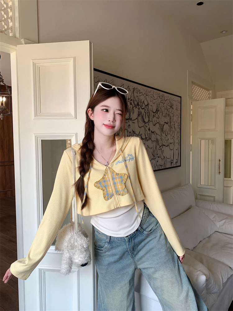 Sweet Cool Star Embroidered Hooded Jacket and Cami Two-Piece Set for Women Autumn - Image 3