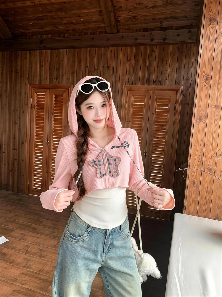 Sweet Cool Star Embroidered Hooded Jacket and Cami Two-Piece Set for Women Autumn - Image 4