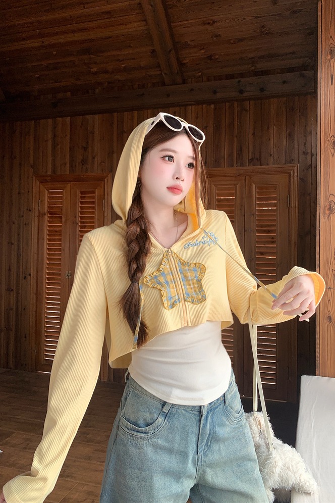 Sweet Cool Star Embroidered Hooded Jacket and Cami Two-Piece Set for Women Autumn - Image 5