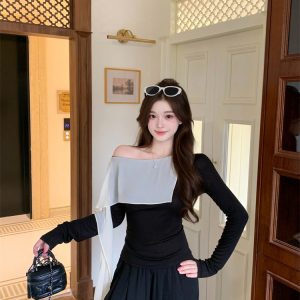 Women's Autumn High Neck Color Block Faux Two Piece Slim Fit Knit Top