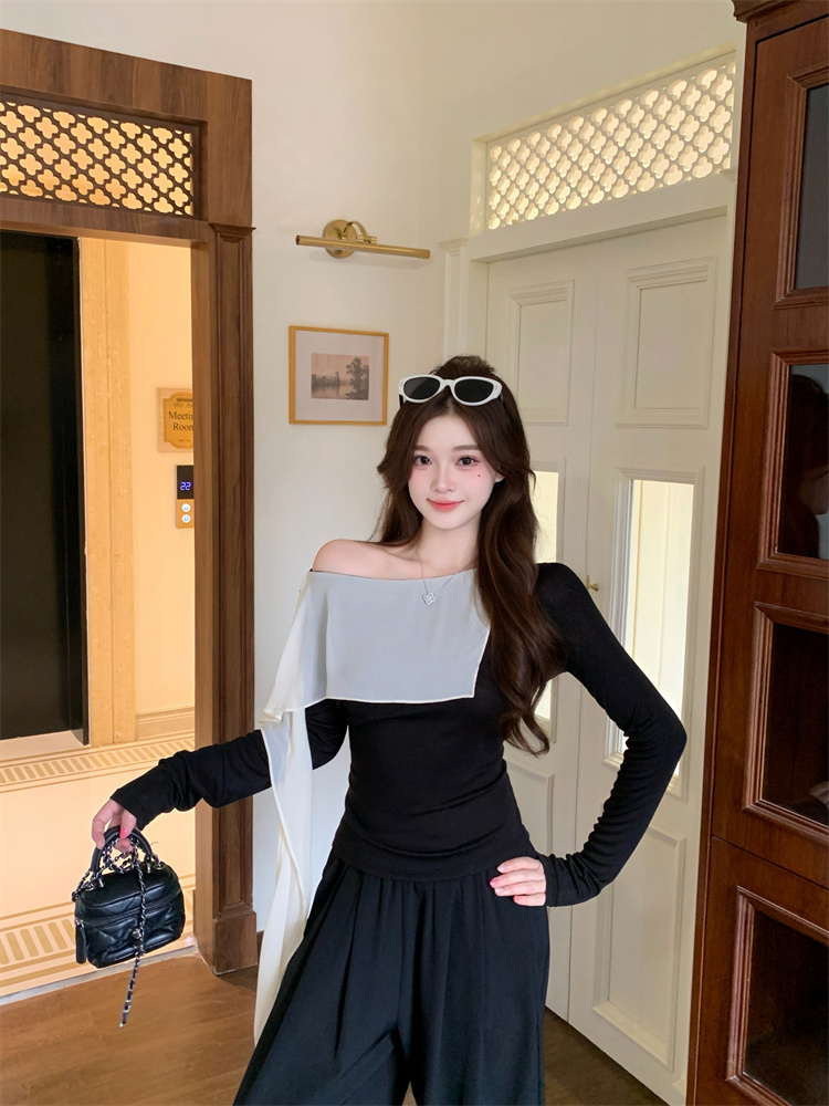 Women's Autumn High Neck Color Block Faux Two Piece Slim Fit Knit Top
