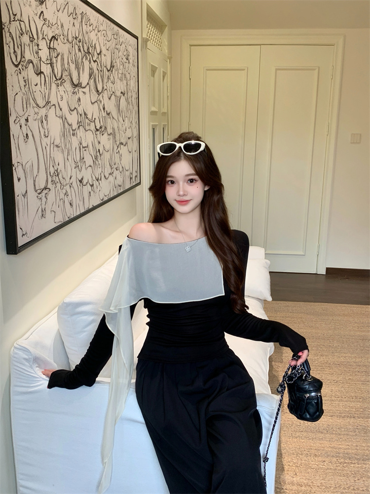 Women's Autumn High Neck Color Block Faux Two Piece Slim Fit Knit Top - Image 2