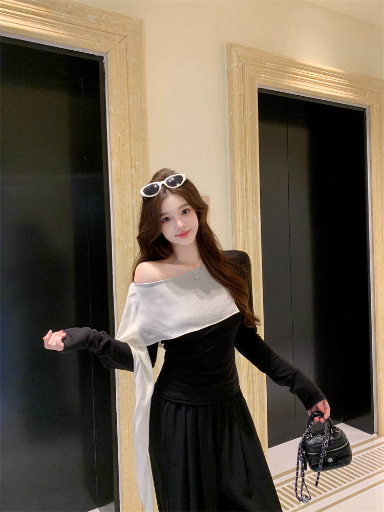 Women's Autumn High Neck Color Block Faux Two Piece Slim Fit Knit Top - Image 3