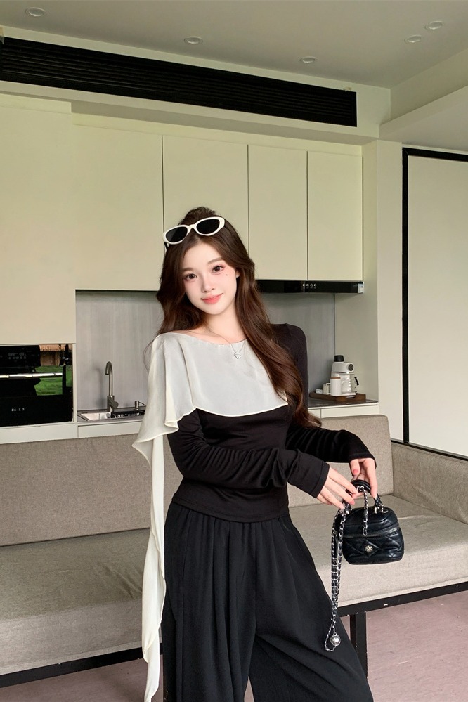 Women's Autumn High Neck Color Block Faux Two Piece Slim Fit Knit Top - Image 5