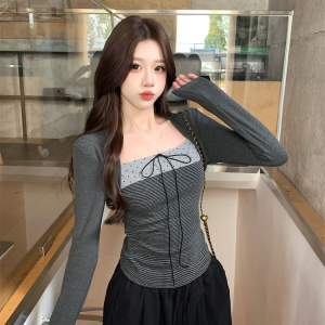 Women's Color-Block Bow Tie Polka Dot Faux Two-Piece Slim Fit T-Shirt