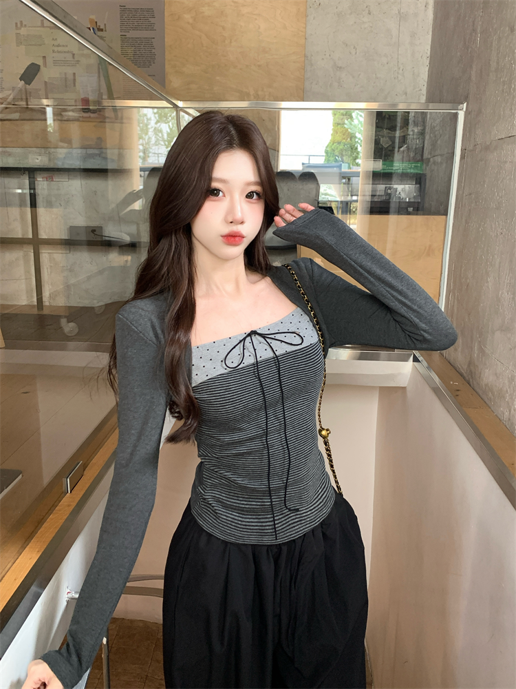 Women's Color-Block Bow Tie Polka Dot Faux Two-Piece Slim Fit T-Shirt