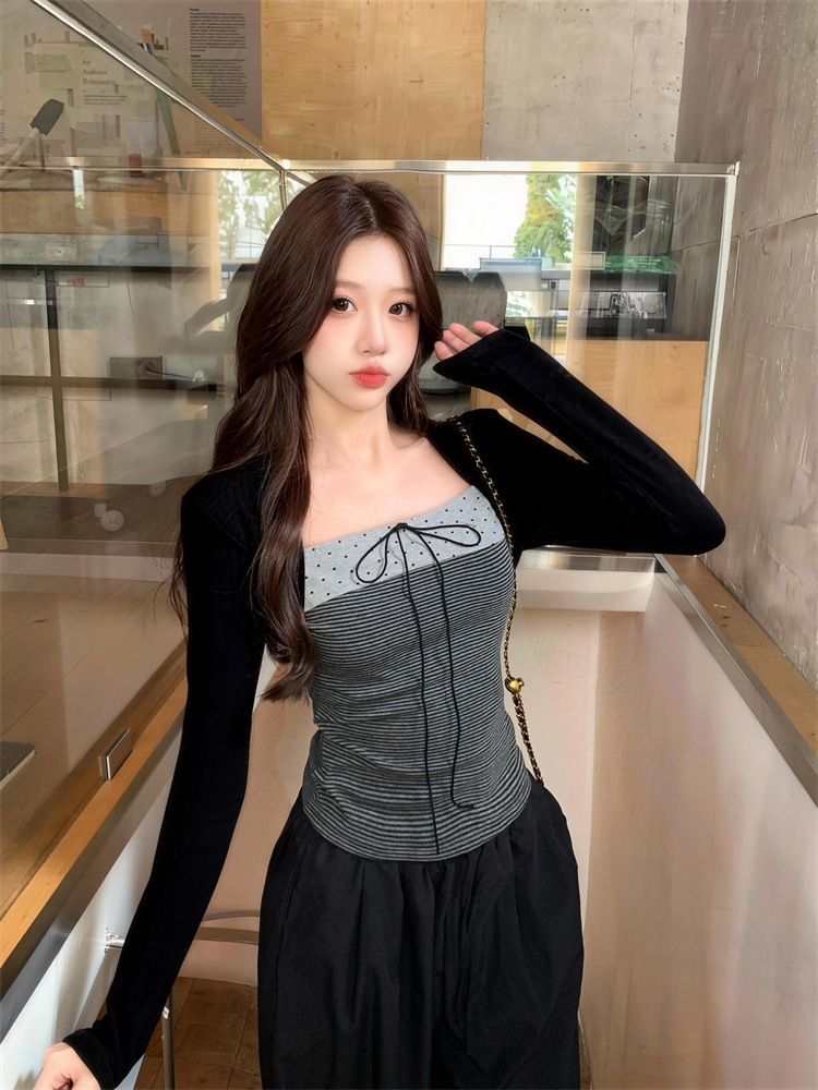 Women's Color-Block Bow Tie Polka Dot Faux Two-Piece Slim Fit T-Shirt - Image 4