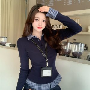 Women's Navy Blue Polo Collar Faux Two-Piece Long Sleeve T-Shirt Slim Fit Fall Top - Style a893e2