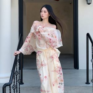 Women's Off-Shoulder Floral Print Top and Pants Set