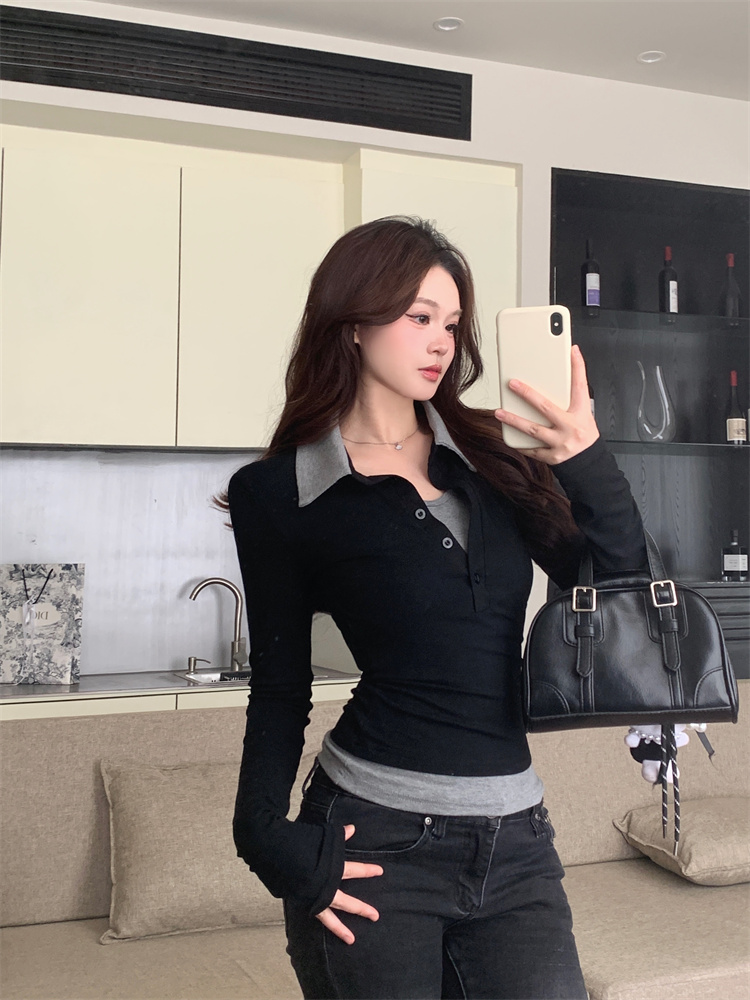 Women's Slim Fit Black Polo Neck T-Shirt